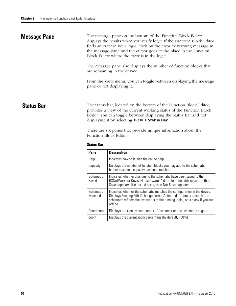 Message pane, Status bar | Rockwell Automation DeviceLogix System User Manual User Manual | Page 60 / 209