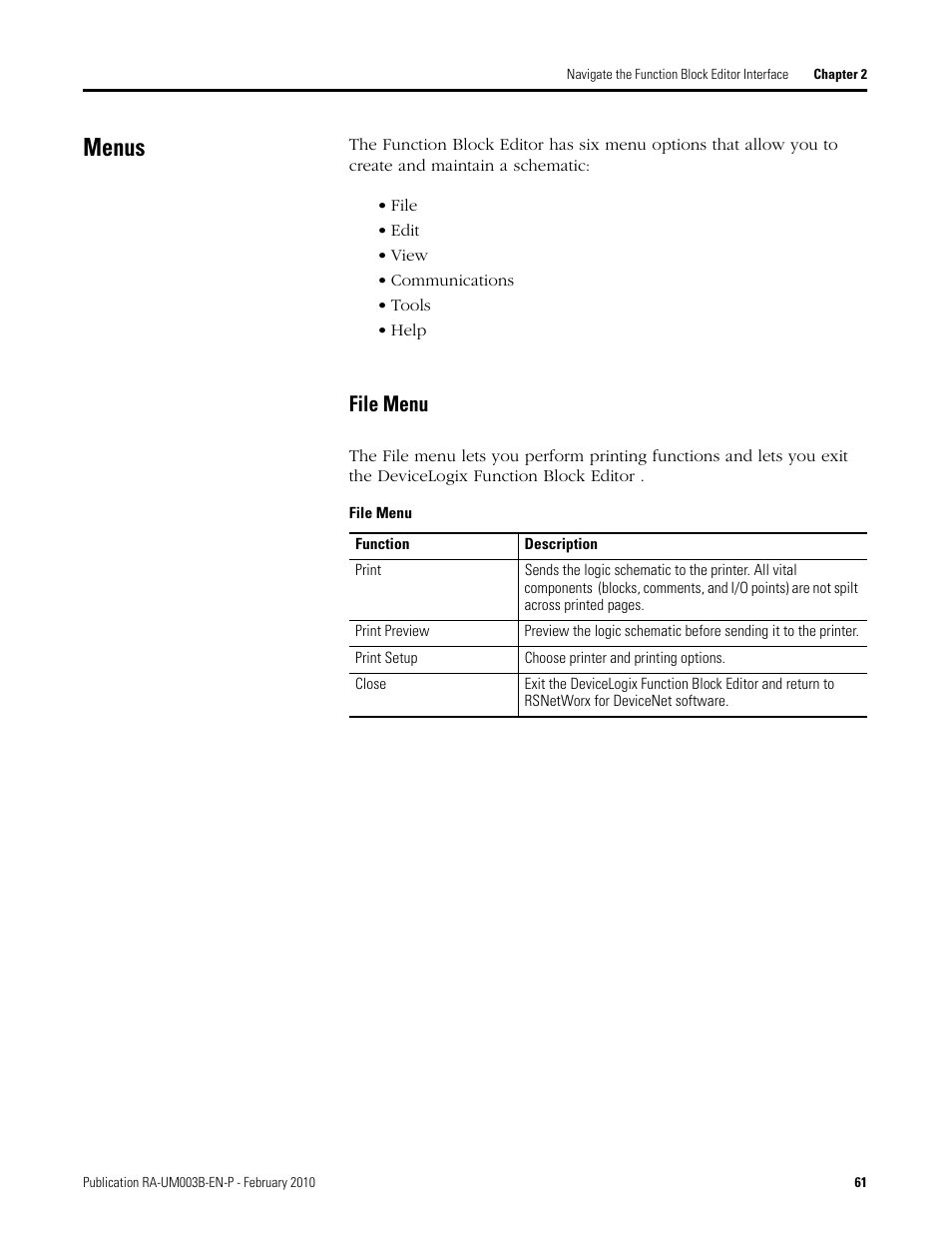 Menus, File menu | Rockwell Automation DeviceLogix System User Manual User Manual | Page 61 / 209