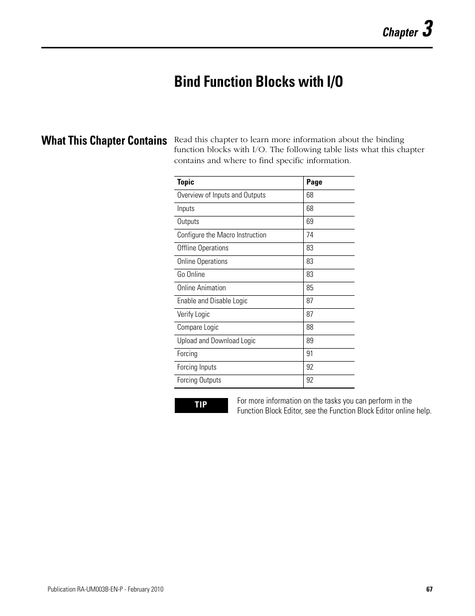 Chapter 3: bind function blocks with i/o, What this chapter contains, Bind function blocks with i/o | Chapter | Rockwell Automation DeviceLogix System User Manual User Manual | Page 67 / 209