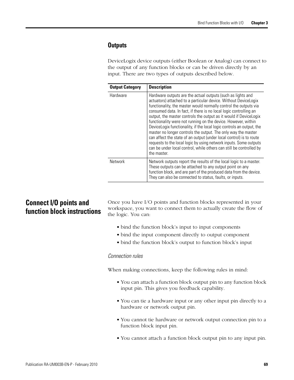 Outputs, Connect i/o points and function block instructions | Rockwell Automation DeviceLogix System User Manual User Manual | Page 69 / 209
