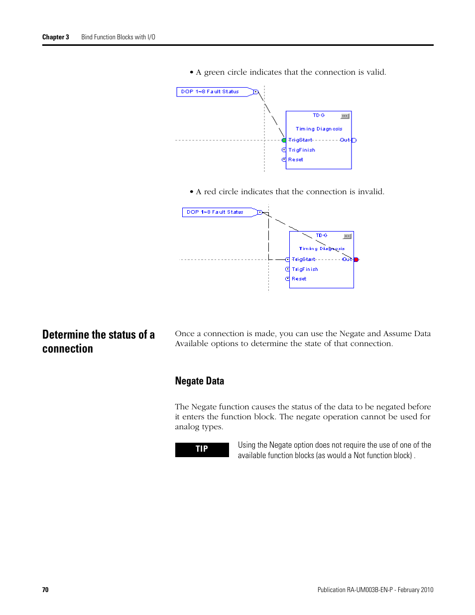 Determine the status of a connection, Negate data | Rockwell Automation DeviceLogix System User Manual User Manual | Page 70 / 209