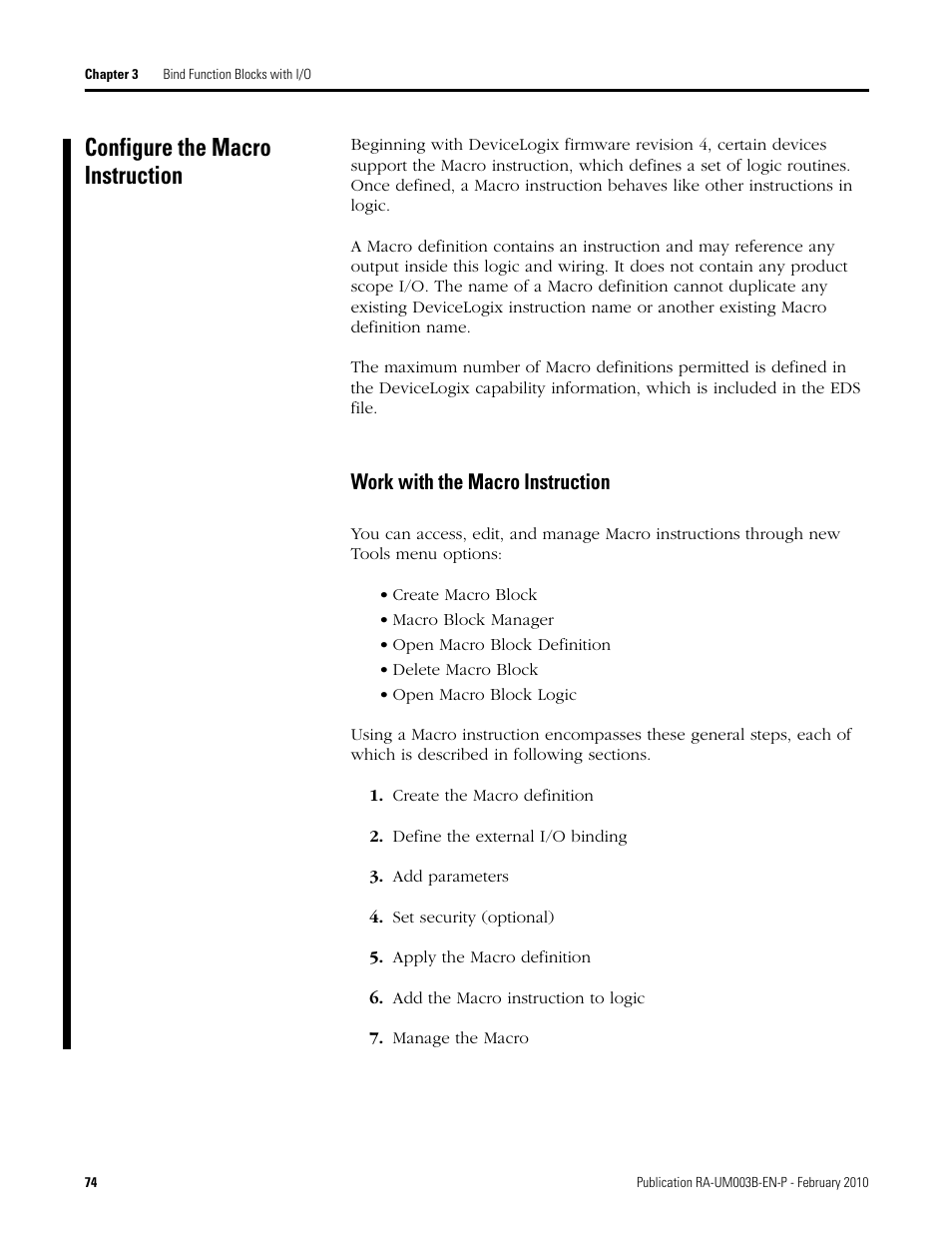 Configure the macro instruction, Work with the macro instruction | Rockwell Automation DeviceLogix System User Manual User Manual | Page 74 / 209