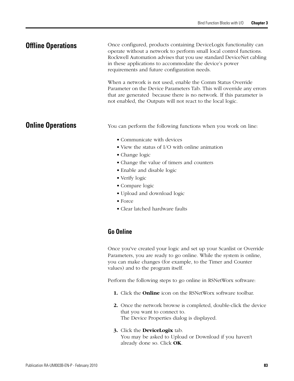 Offline operations, Online operations, Go online | Rockwell Automation DeviceLogix System User Manual User Manual | Page 83 / 209