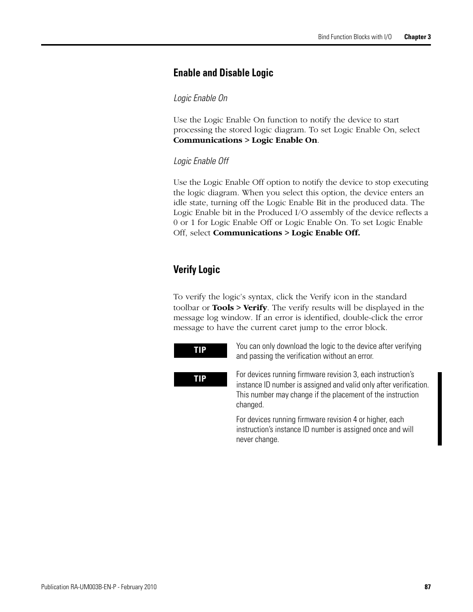 Enable and disable logic, Verify logic | Rockwell Automation DeviceLogix System User Manual User Manual | Page 87 / 209