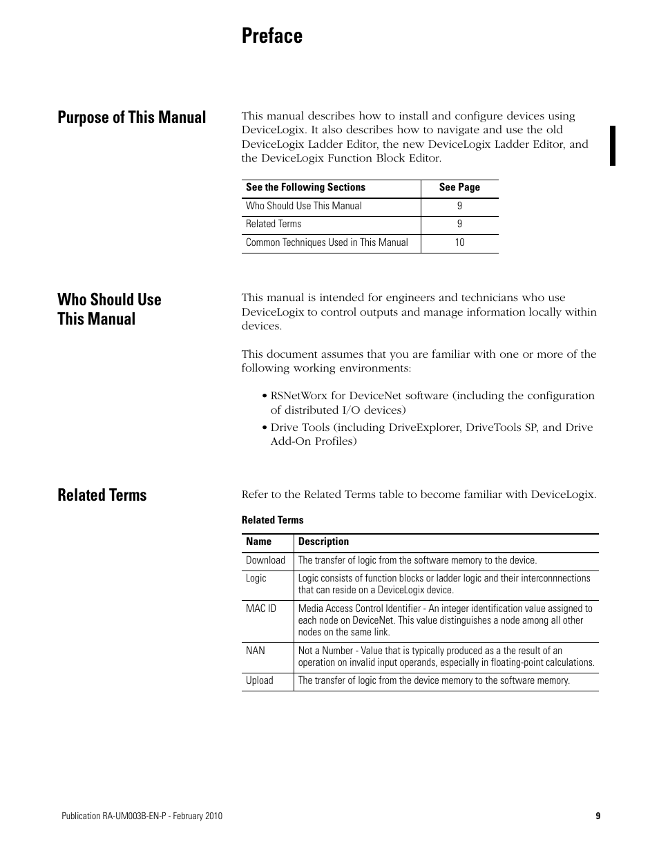 Preface, Purpose of this manual, Who should use this manual | Related terms | Rockwell Automation DeviceLogix System User Manual User Manual | Page 9 / 209