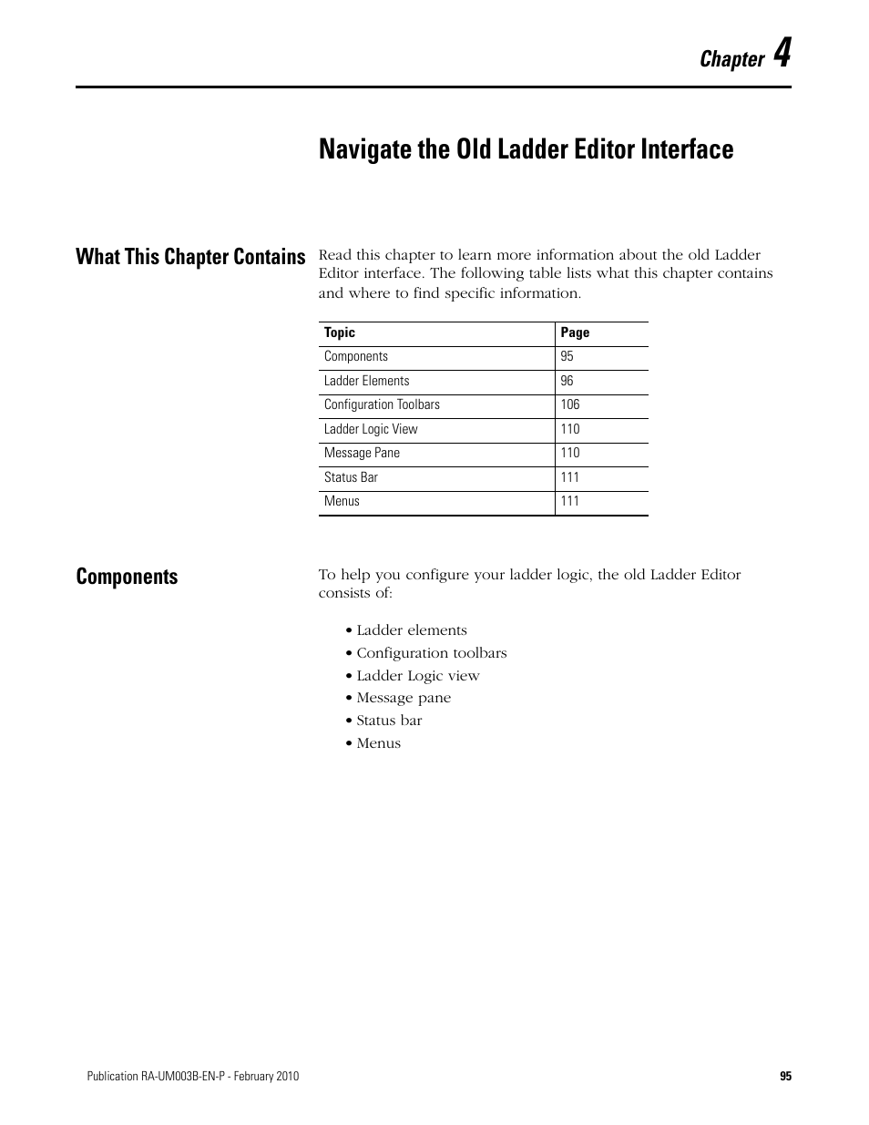 What this chapter contains, Components, Navigate the old ladder editor interface | Chapter | Rockwell Automation DeviceLogix System User Manual User Manual | Page 95 / 209