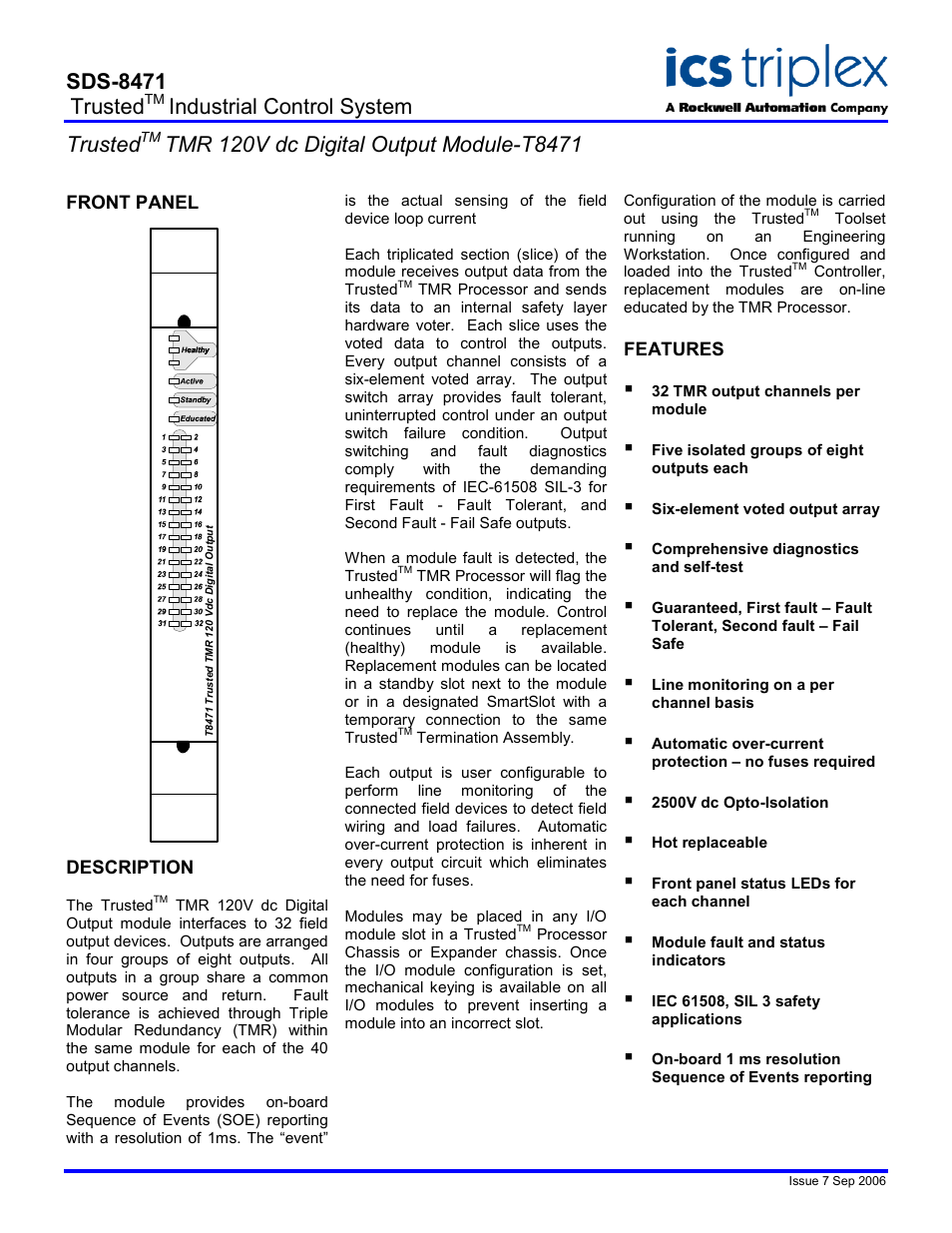 Rockwell Automation T8471 Trusted TMR 120V dc Digital Output Module User Manual | 2 pages