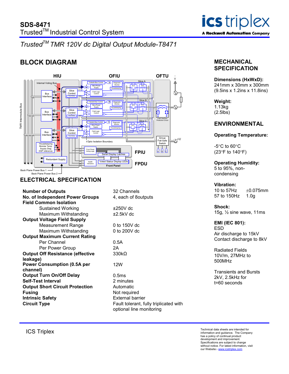 Block diagram, Electrical specification, Sds-8471 trusted | Industrial control system trusted, Ics triplex, Mechanical specification, Environmental, Ofiu hiu fpdu fpiu, Oftu | Rockwell Automation T8471 Trusted TMR 120V dc Digital Output Module User Manual | Page 2 / 2