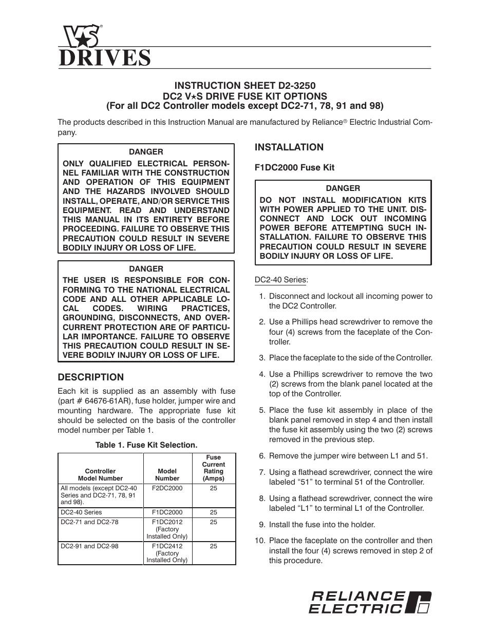 Rockwell Automation DC2-71, 78, 91, and 98 Drive Fuse Kit Options For all DC2 Controllers except User Manual | 4 pages