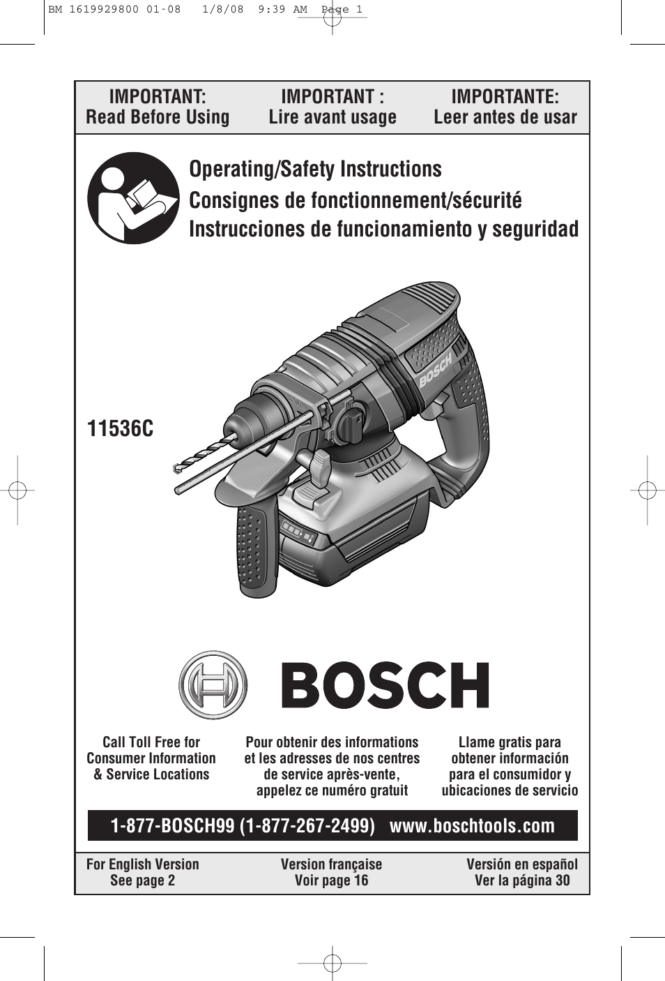 Bosch Compact Rotary Hammer 11536C User Manual | 44 pages