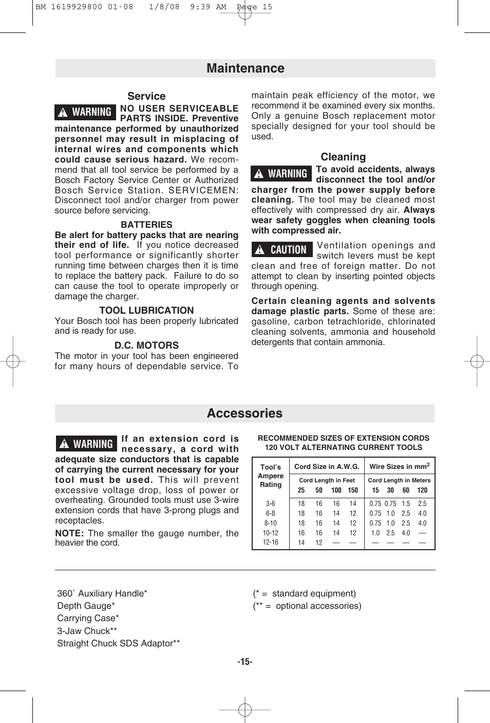 Accessories, Maintenance, Warning | Service, Cleaning, Caution | Bosch Compact Rotary Hammer 11536C User Manual | Page 15 / 44