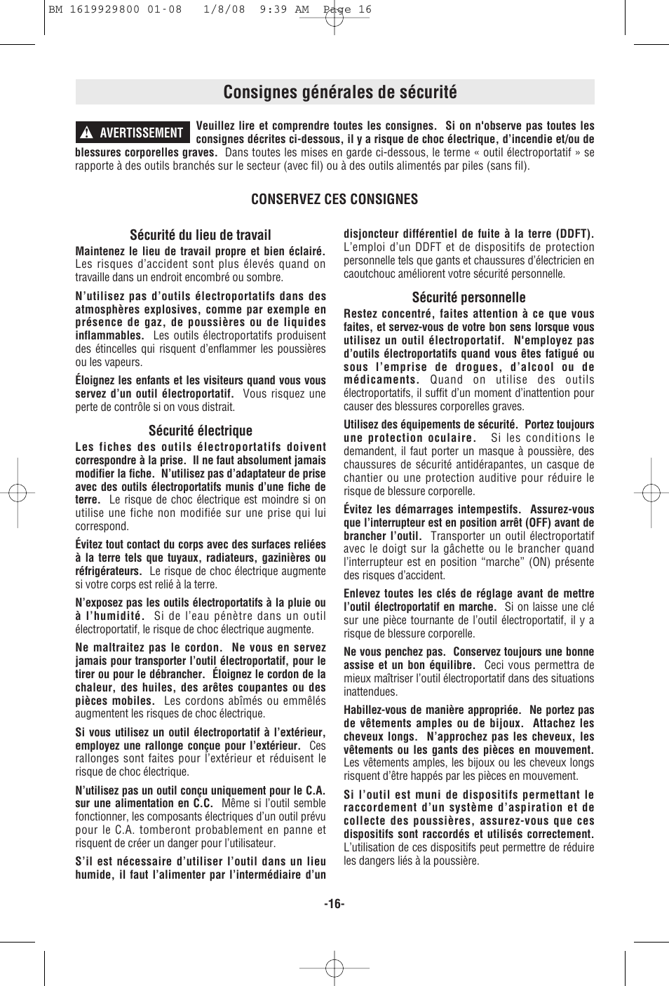 Consignes générales de sécurité | Bosch Compact Rotary Hammer 11536C User Manual | Page 16 / 44