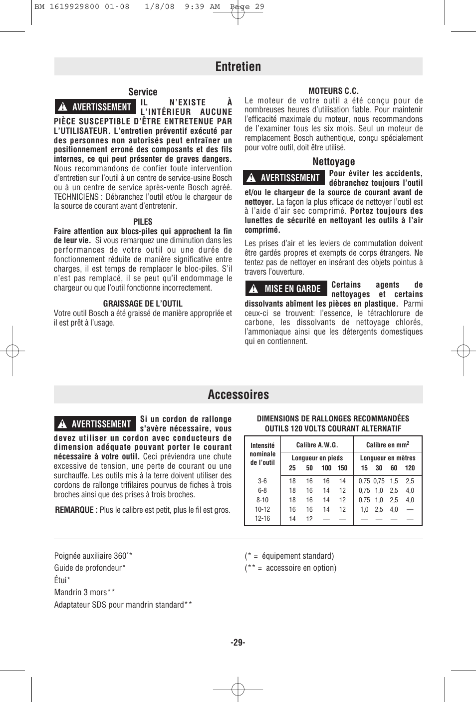 Accessoires, Entretien, Nettoyage | Service | Bosch Compact Rotary Hammer 11536C User Manual | Page 29 / 44