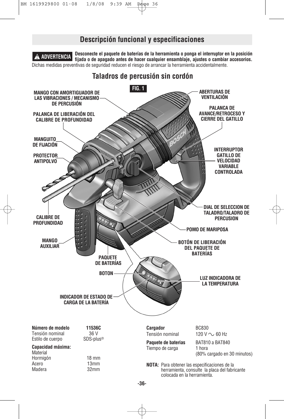 Descripción funcional y especificaciones, Taladros de percusión sin cordón | Bosch Compact Rotary Hammer 11536C User Manual | Page 36 / 44