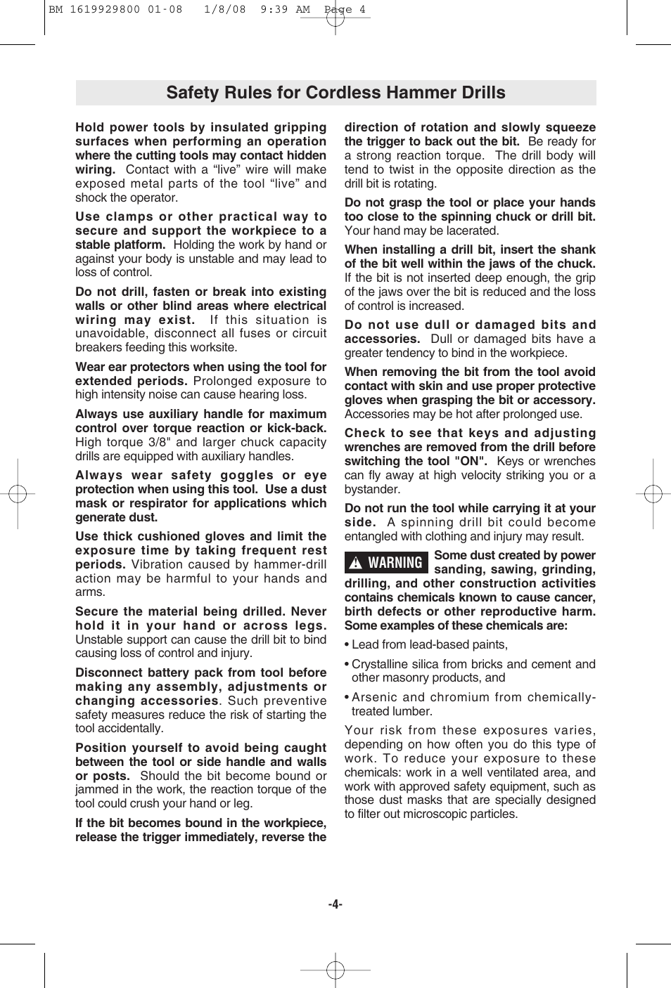 Safety rules for cordless hammer drills | Bosch Compact Rotary Hammer 11536C User Manual | Page 4 / 44