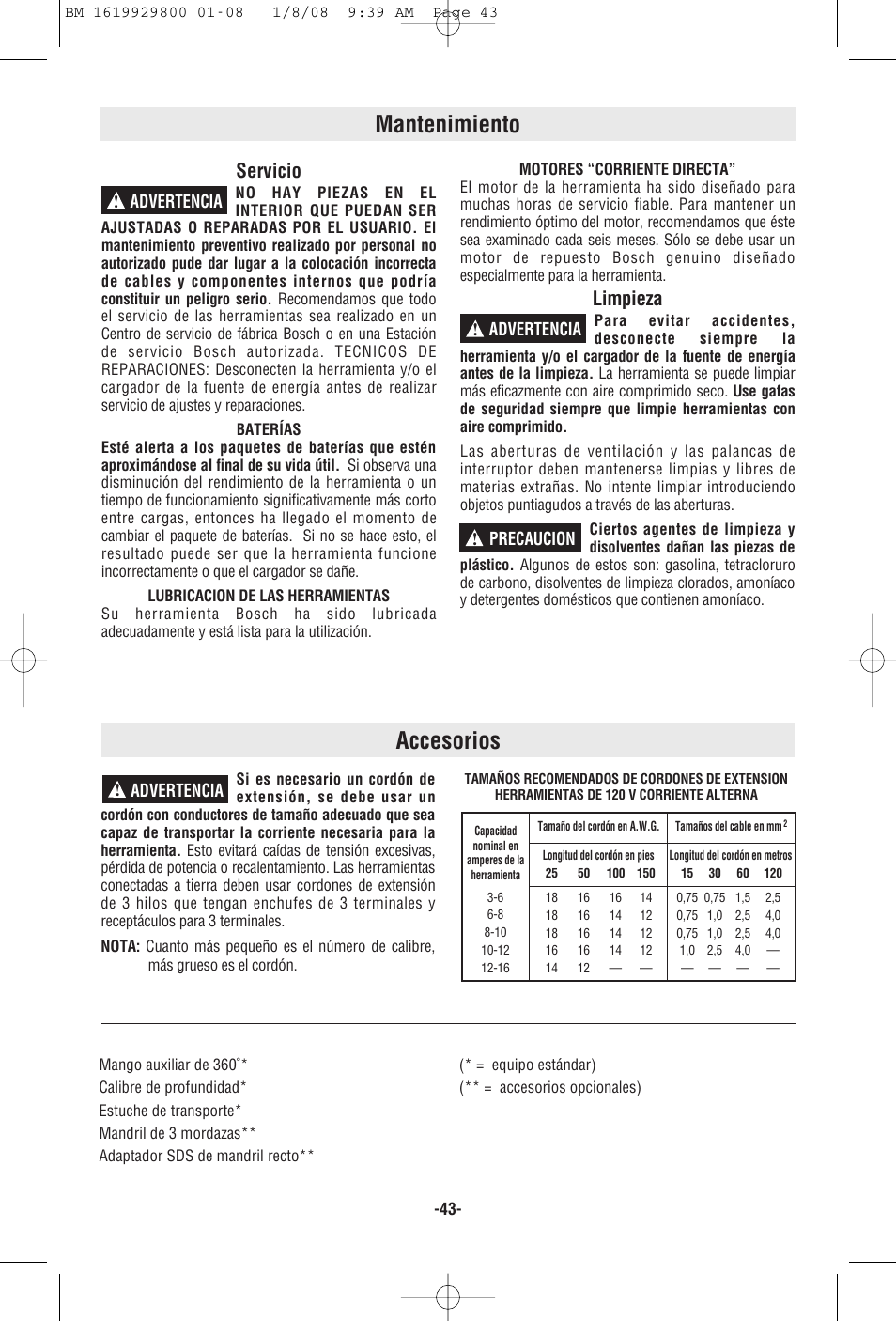 Accesorios, Mantenimiento, Servicio | Limpieza | Bosch Compact Rotary Hammer 11536C User Manual | Page 43 / 44