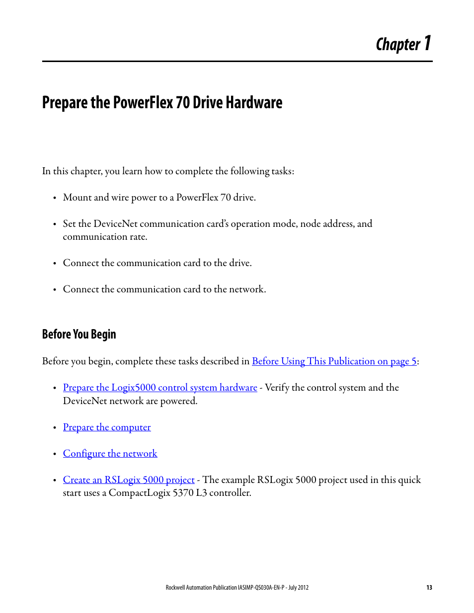 1 - prepare the powerflex 70 drive hardware, Before you begin, Chapter 1 | Prepare the powerflex 70 drive hardware, Prepare the powerflex 70, Drive hardware, Chapter | Rockwell Automation Logix5000 Control Systems: Connect a PowerFlex 70 Drive over DeviceNet Quick Start User Manual | Page 13 / 54