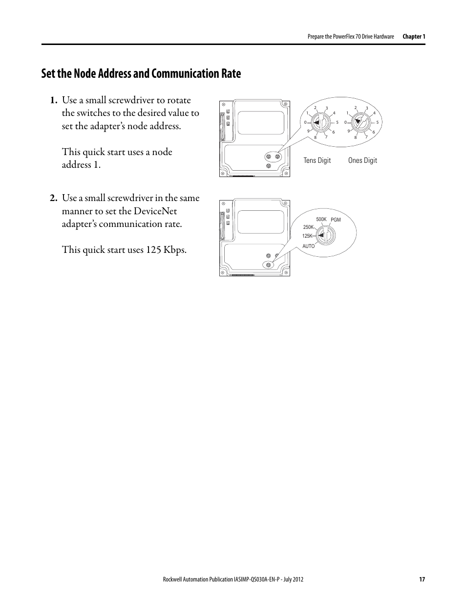 Set the node address and communication rate, Set the node, Address and | Communication | Rockwell Automation Logix5000 Control Systems: Connect a PowerFlex 70 Drive over DeviceNet Quick Start User Manual | Page 17 / 54