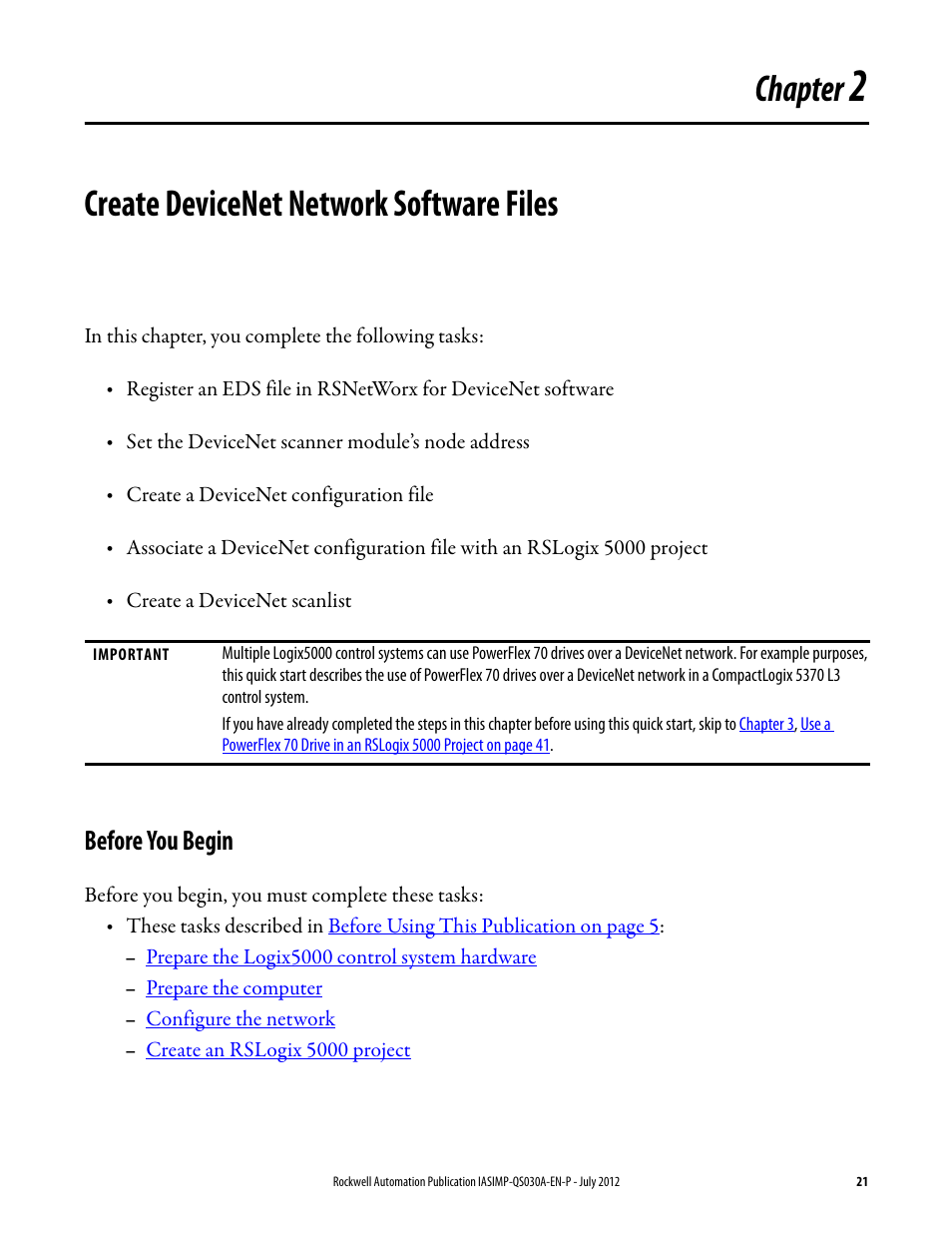 2 - create devicenet network software files, Before you begin, Chapter 2 | Create devicenet network software files, E tasks in, Described in, Create devicenet, Network software files, Chapter | Rockwell Automation Logix5000 Control Systems: Connect a PowerFlex 70 Drive over DeviceNet Quick Start User Manual | Page 21 / 54