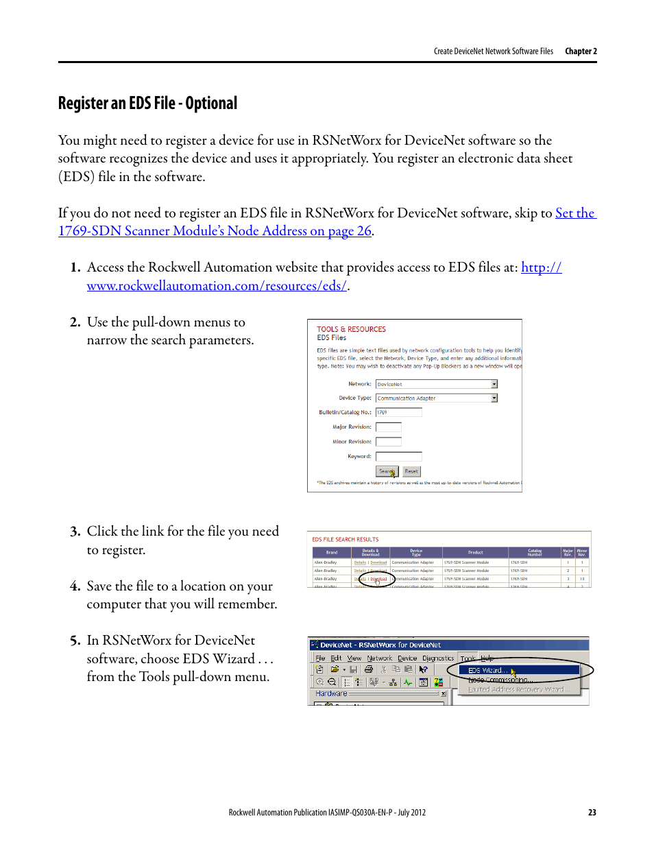 Register an eds file - optional, Register an eds, File - optional | Rockwell Automation Logix5000 Control Systems: Connect a PowerFlex 70 Drive over DeviceNet Quick Start User Manual | Page 23 / 54