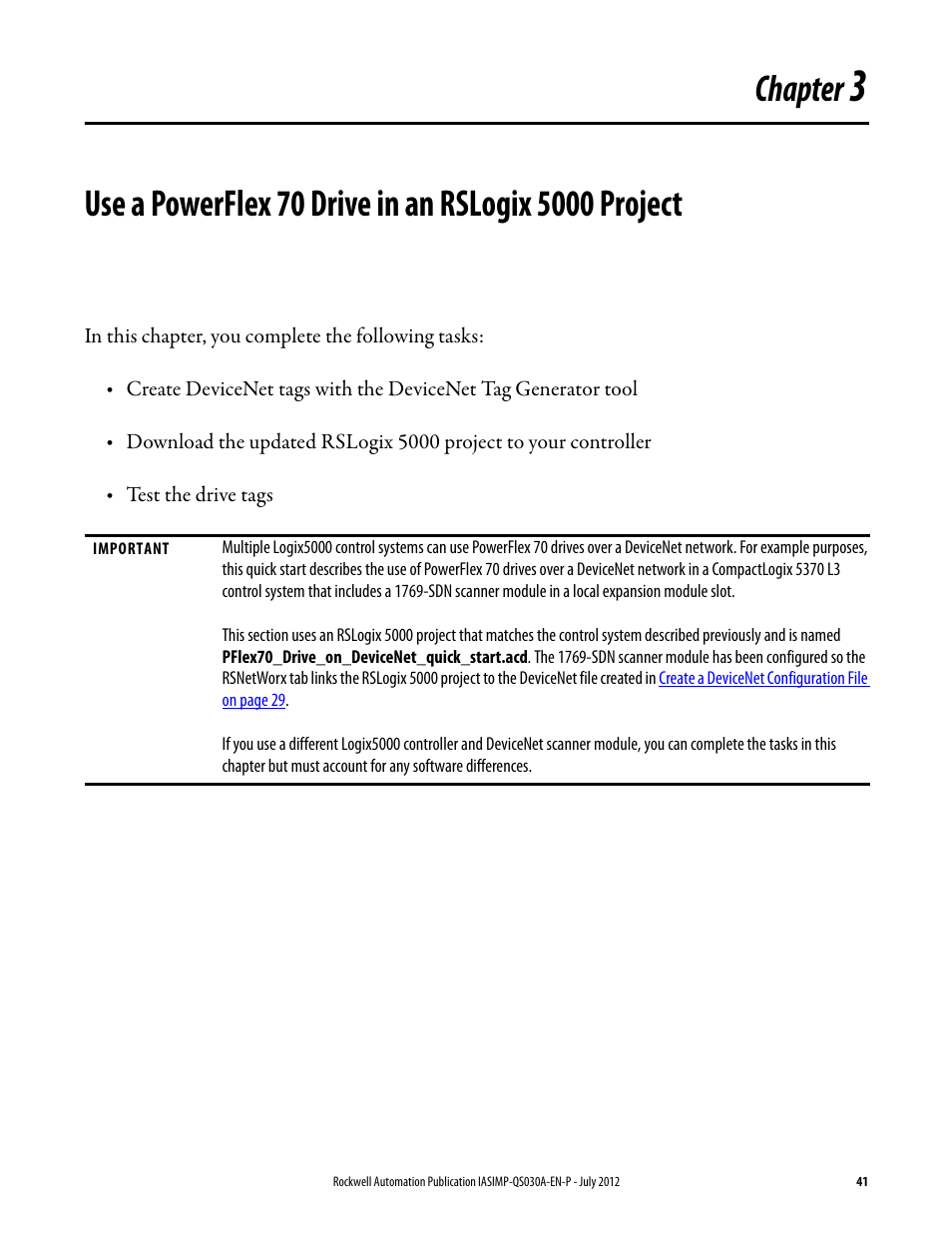 Chapter 3, D in, You m | But y, Use a powerflex 70 drive in, An rslogix 5000 project, Use a, Chapter | Rockwell Automation Logix5000 Control Systems: Connect a PowerFlex 70 Drive over DeviceNet Quick Start User Manual | Page 41 / 54