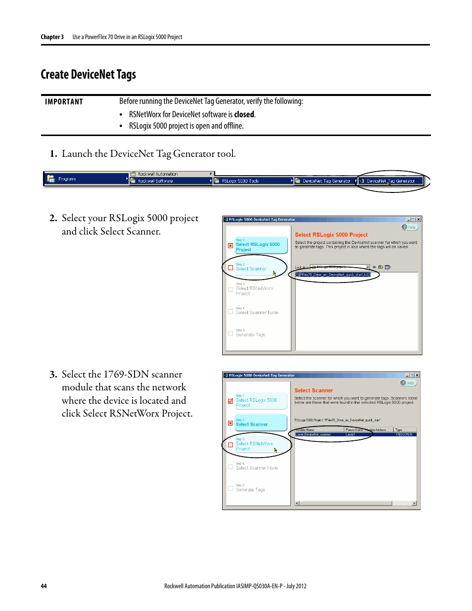 Create devicenet tags, Create devicenet, Tags | Rockwell Automation Logix5000 Control Systems: Connect a PowerFlex 70 Drive over DeviceNet Quick Start User Manual | Page 44 / 54
