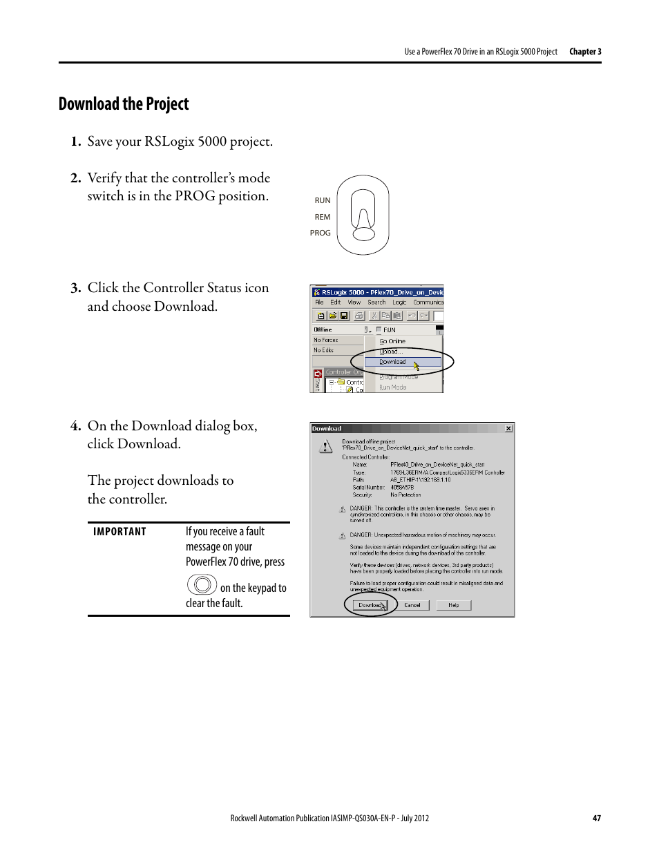 Download the project, Download the, Project | Rockwell Automation Logix5000 Control Systems: Connect a PowerFlex 70 Drive over DeviceNet Quick Start User Manual | Page 47 / 54