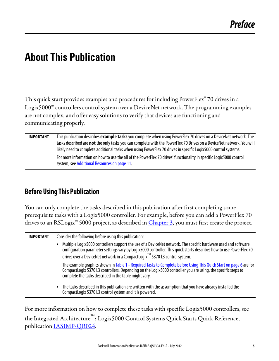 About this publication, Before using this publication, Preface about this publication | Rockwell Automation Logix5000 Control Systems: Connect a PowerFlex 70 Drive over DeviceNet Quick Start User Manual | Page 5 / 54