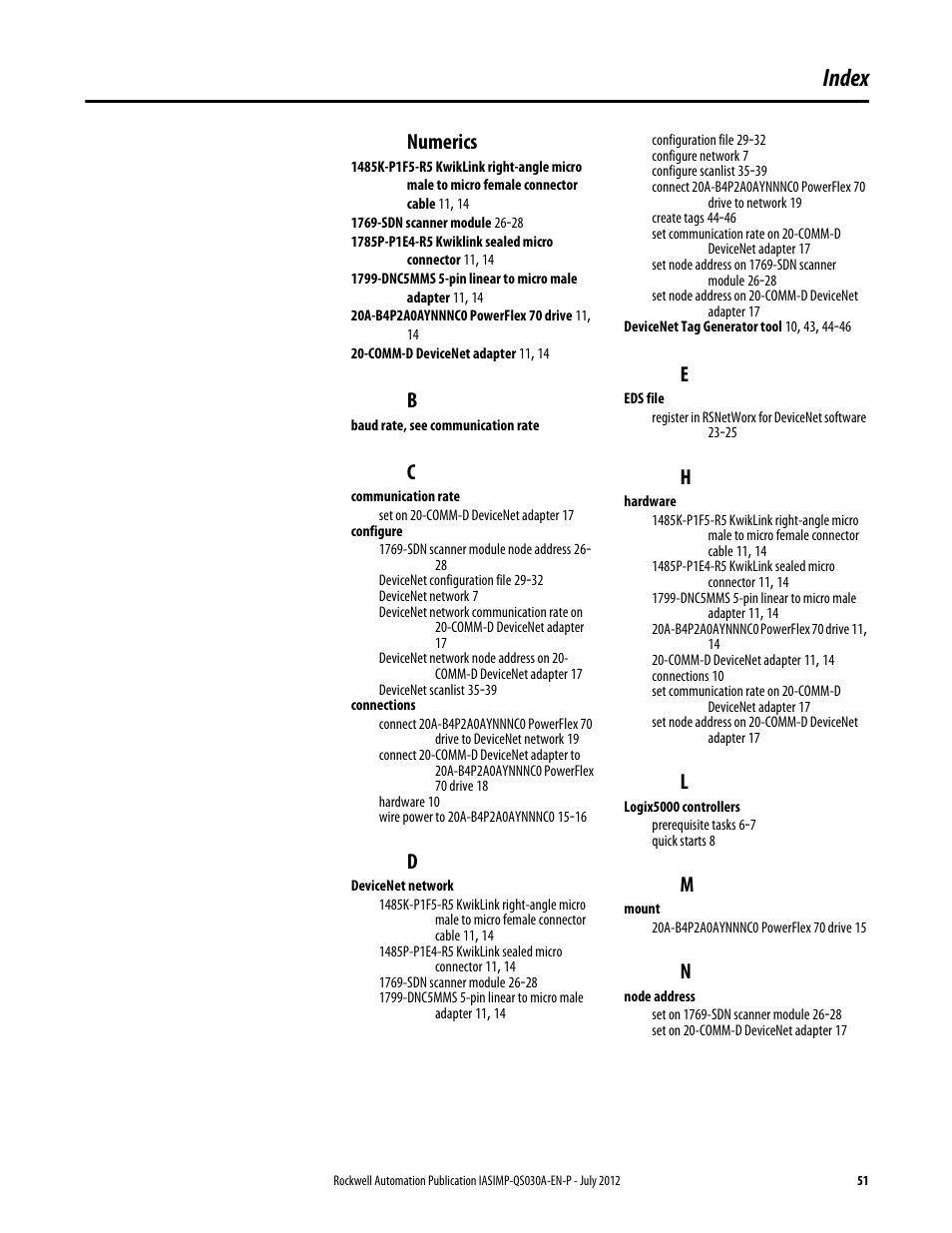 Index, Numerics | Rockwell Automation Logix5000 Control Systems: Connect a PowerFlex 70 Drive over DeviceNet Quick Start User Manual | Page 51 / 54