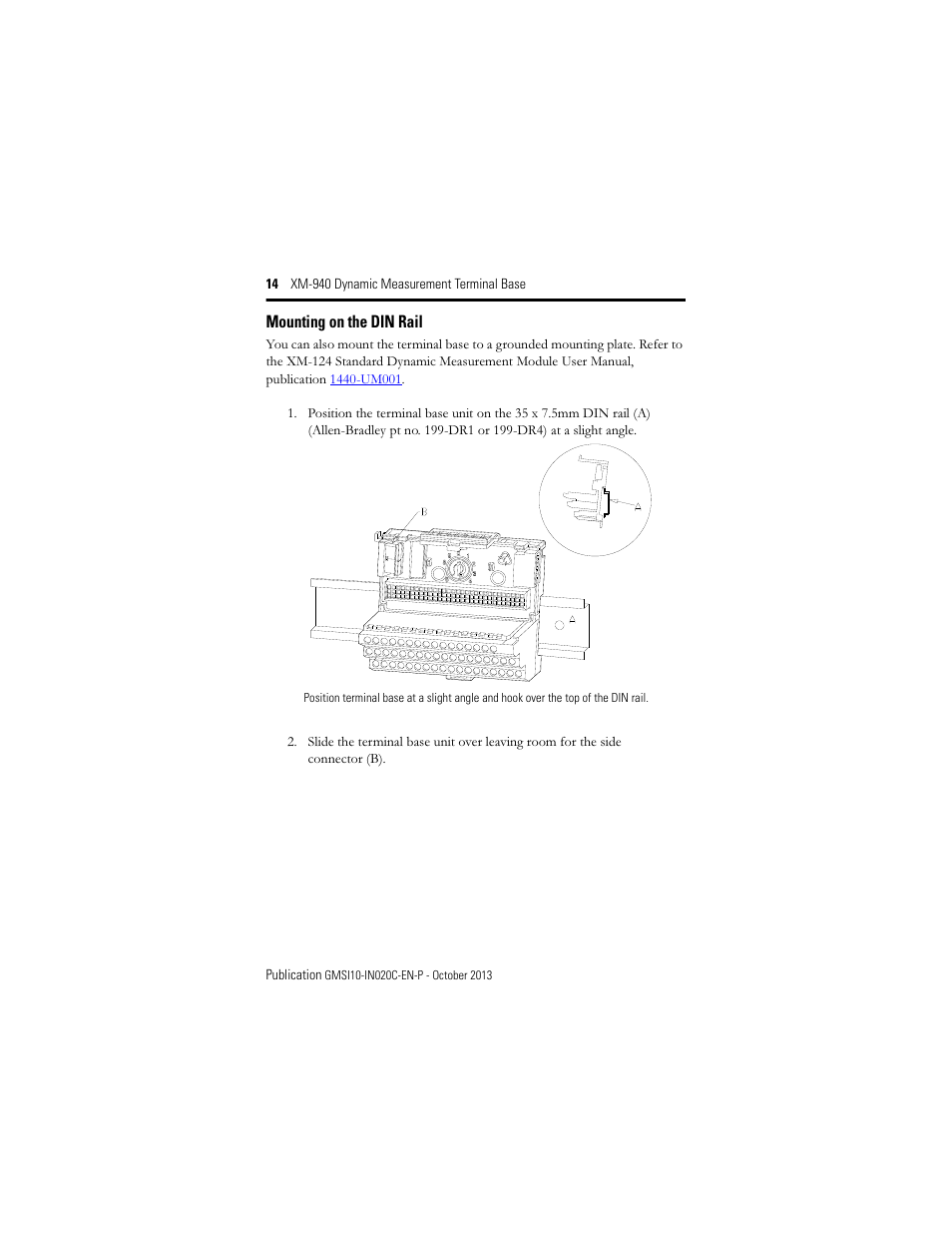 Mounting on the din rail | Rockwell Automation 1440-TB-A XM-940 Dynamic Measurement Terminal Base User Manual | Page 14 / 22