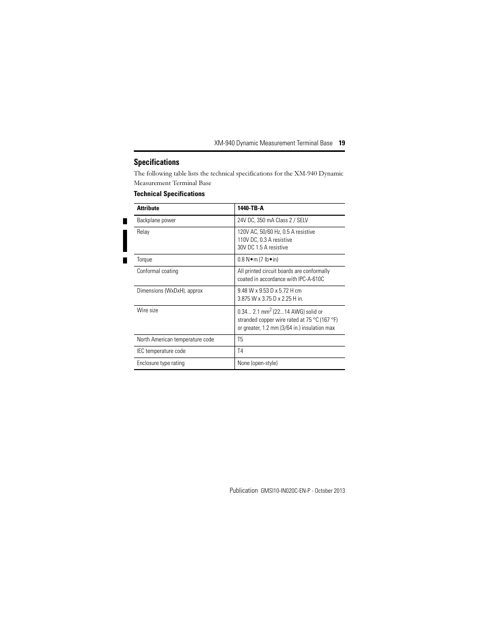 Specifications | Rockwell Automation 1440-TB-A XM-940 Dynamic Measurement Terminal Base User Manual | Page 19 / 22