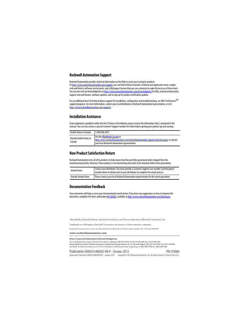 Back cover, Rockwell automation support, Installation assistance | New product satisfaction return, Documentation feedback, Publication | Rockwell Automation 1440-TB-A XM-940 Dynamic Measurement Terminal Base User Manual | Page 22 / 22