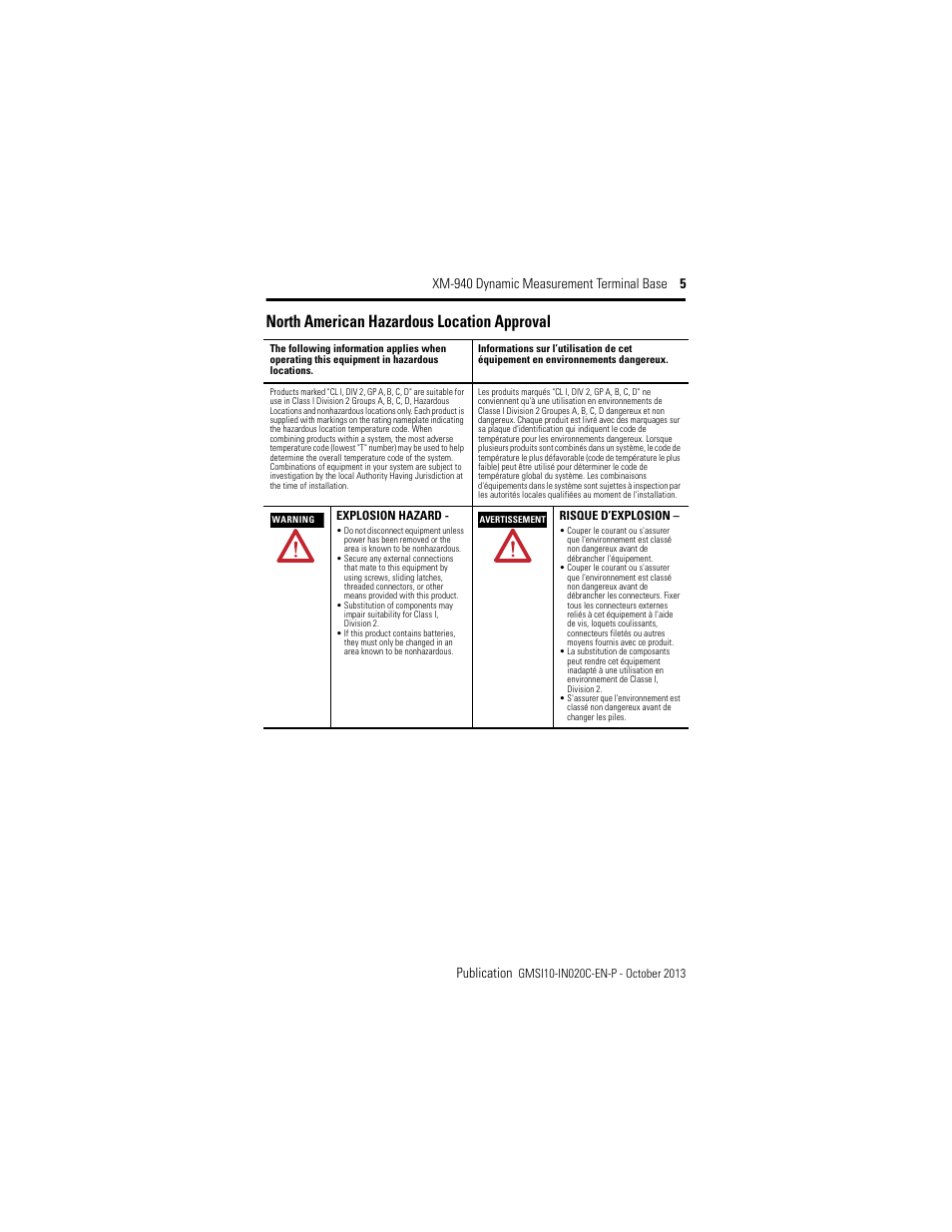 North american hazardous location approval | Rockwell Automation 1440-TB-A XM-940 Dynamic Measurement Terminal Base User Manual | Page 5 / 22