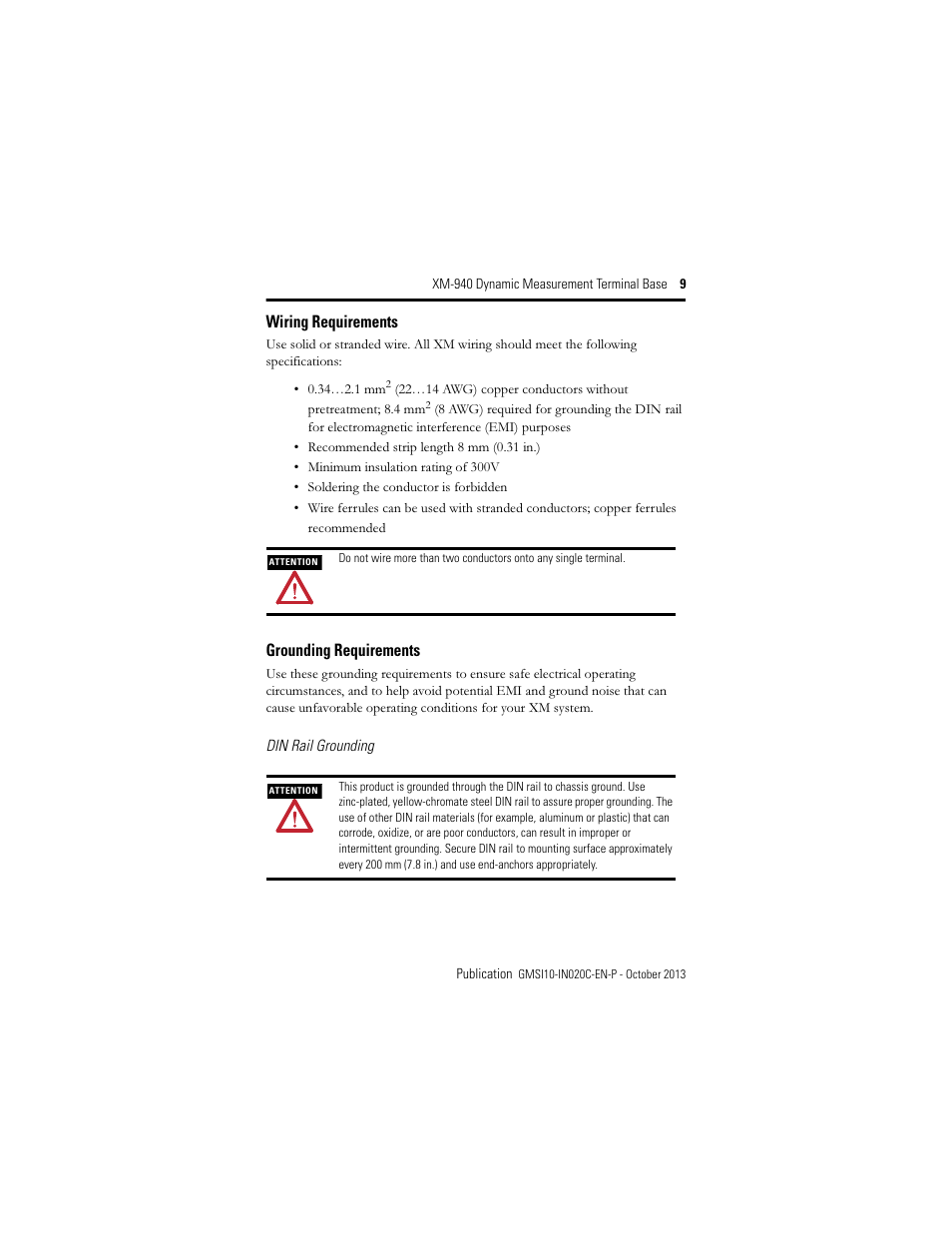 Wiring requirements, Grounding requirements | Rockwell Automation 1440-TB-A XM-940 Dynamic Measurement Terminal Base User Manual | Page 9 / 22