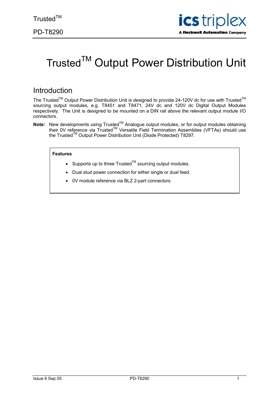 Rockwell Automation T8290 Trusted Output Power Distribution Unit User Manual | 10 pages