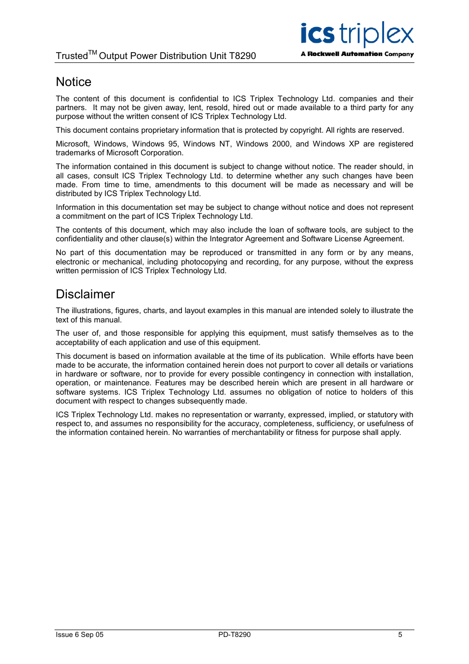 Notice, Disclaimer | Rockwell Automation T8290 Trusted Output Power Distribution Unit User Manual | Page 5 / 10
