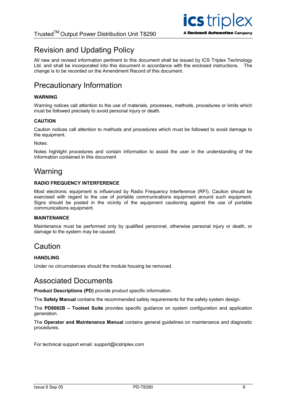 Description, Revision and updating policy, Precautionary information | Warning, Caution, Associated documents | Rockwell Automation T8290 Trusted Output Power Distribution Unit User Manual | Page 6 / 10