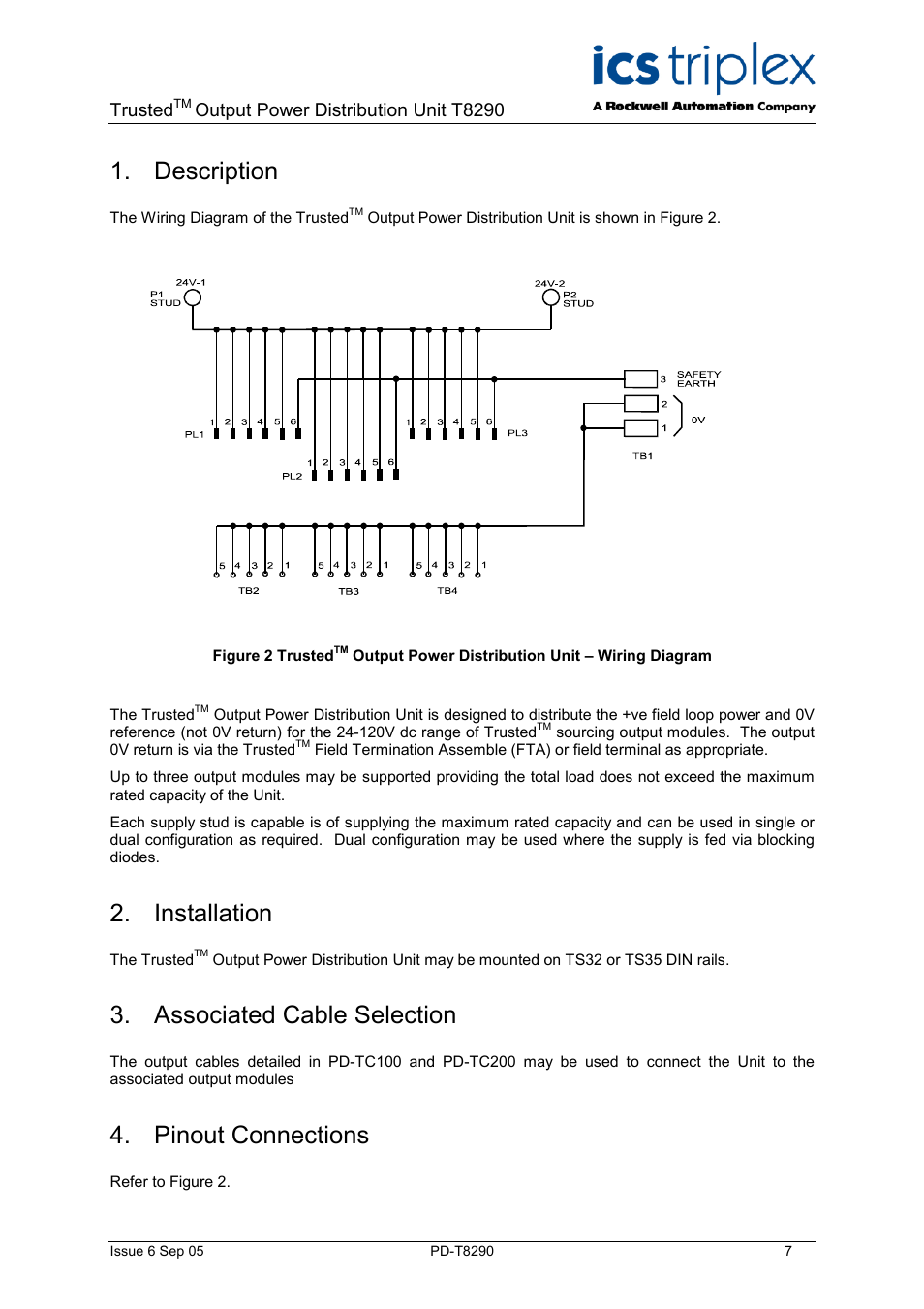 Installation, Associated cable selection, Pinout connections | Description, Figure 2 trusted, Output power distribution unit – wiring diagram, Trusted, Output power distribution unit t8290 | Rockwell Automation T8290 Trusted Output Power Distribution Unit User Manual | Page 7 / 10