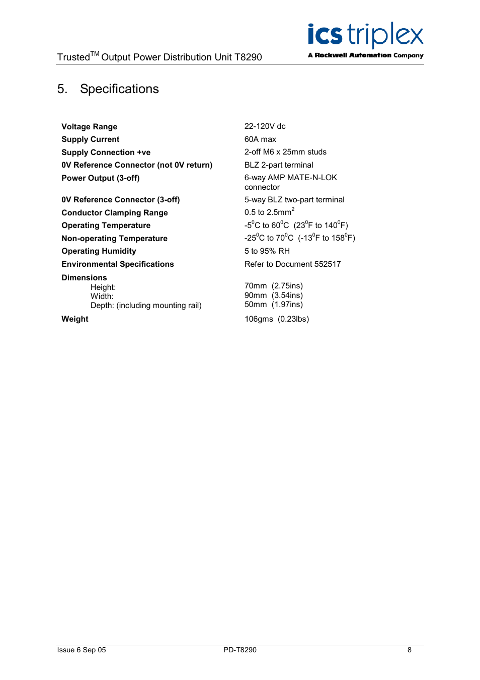 Specifications, Trusted, Output power distribution unit t8290 | Rockwell Automation T8290 Trusted Output Power Distribution Unit User Manual | Page 8 / 10