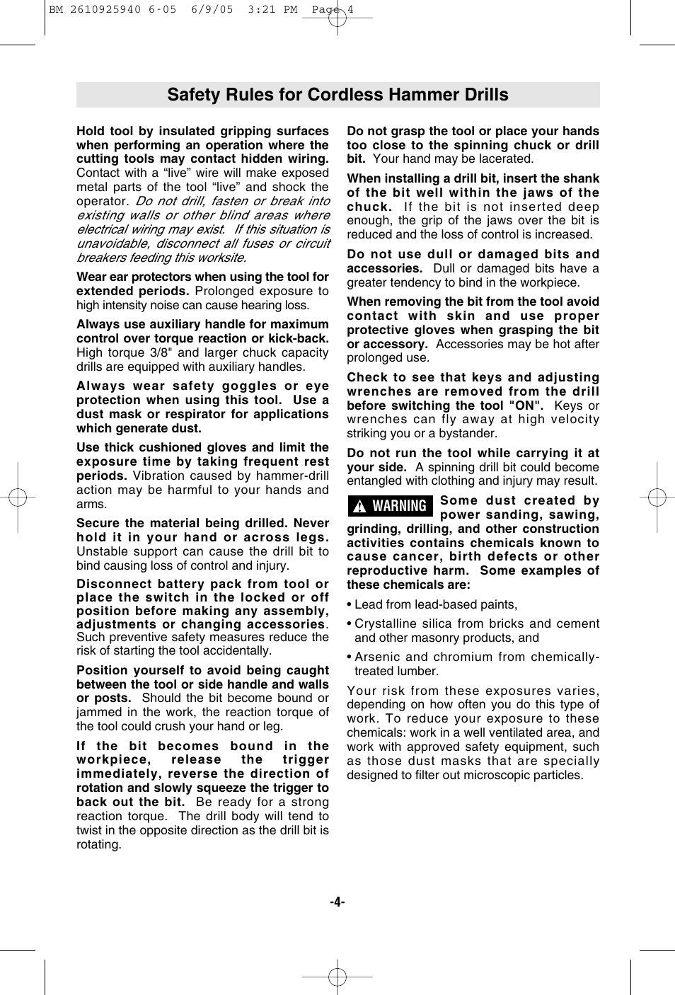 Safety rules for cordless hammer drills | Bosch 13614 User Manual | Page 4 / 18