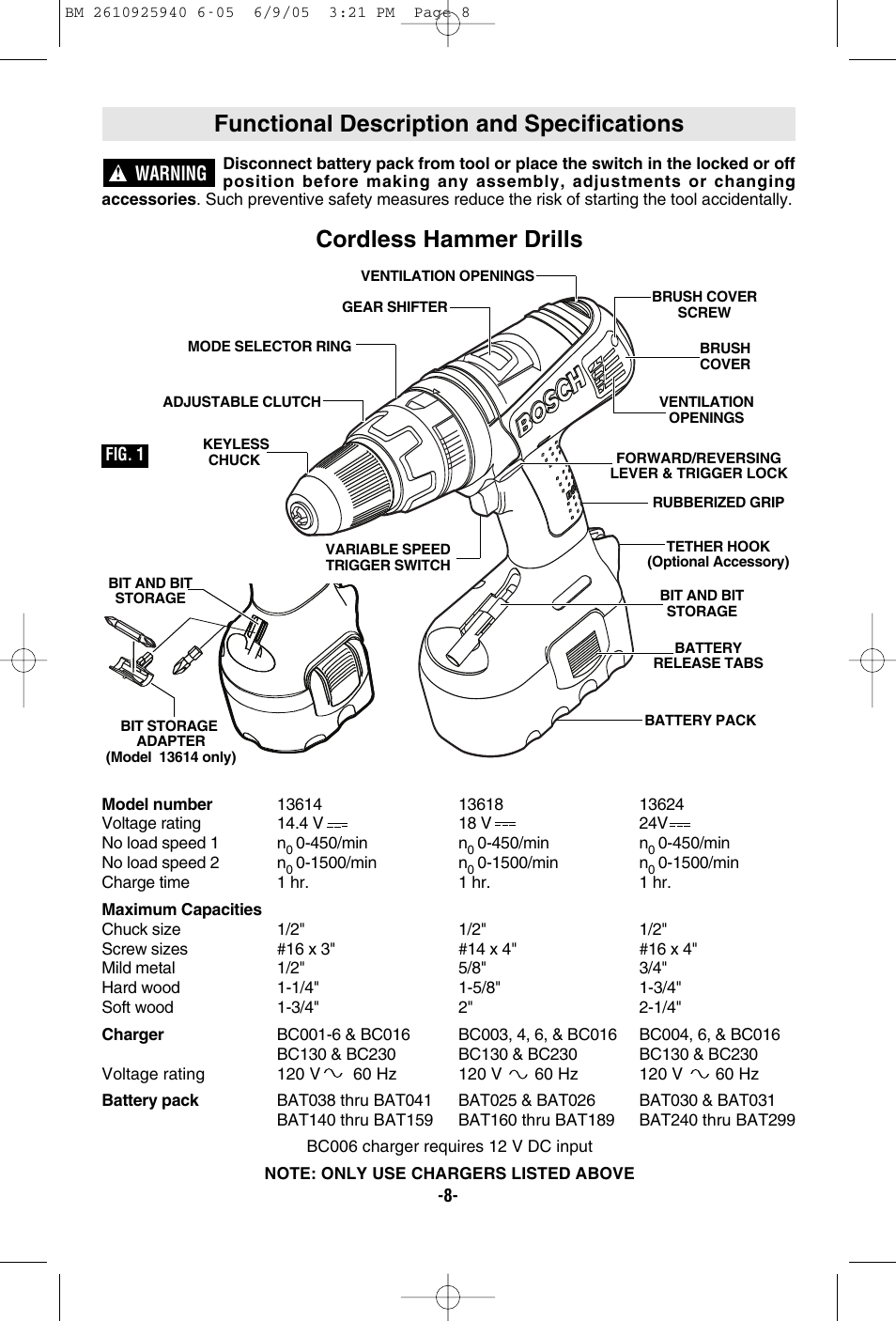 Functional description and specifications, Cordless hammer drills, Warning | Bosch 13614 User Manual | Page 8 / 18