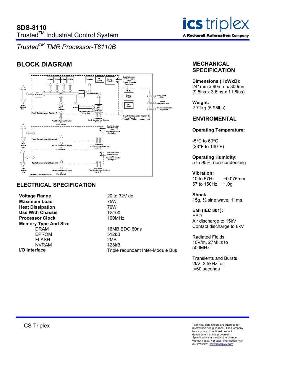 Block diagram, Electrical specification, Sds-8110 trusted | Industrial control system trusted, Tmr processor-t8110b | Rockwell Automation T8110B Trusted Industrial Control System User Manual | Page 2 / 2