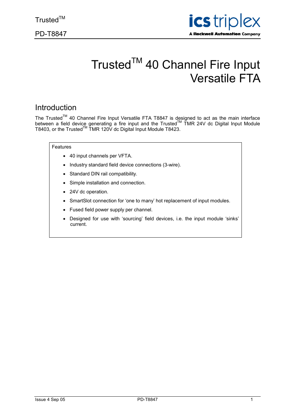 Rockwell Automation T8847 Trusted 40 Channel Fire Input Versatile FTA User Manual | 14 pages