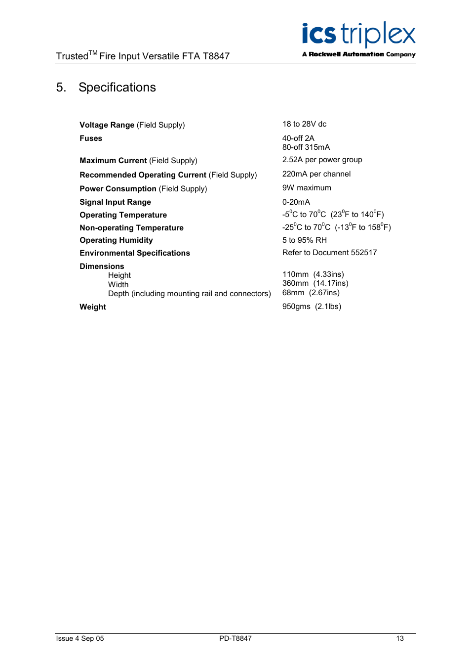 Specifications, Trusted, Fire input versatile fta t8847 | Rockwell Automation T8847 Trusted 40 Channel Fire Input Versatile FTA User Manual | Page 13 / 14