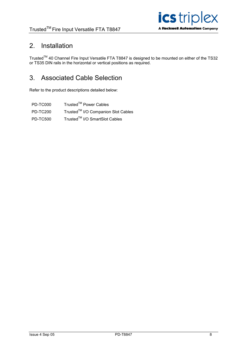 Installation, Associated cable selection, Trusted | Fire input versatile fta t8847 | Rockwell Automation T8847 Trusted 40 Channel Fire Input Versatile FTA User Manual | Page 8 / 14