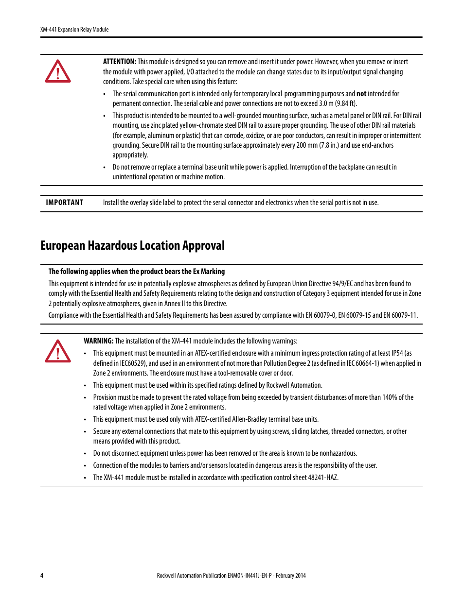 European hazardous location approval | Rockwell Automation 1440-REX00-04RD XM-441 Expansion Relay Module User Manual | Page 4 / 12