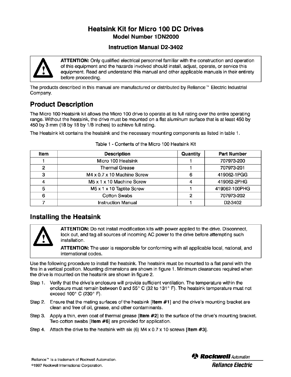 Rockwell Automation Micro 100 DC Drive Heatsink Kit, 1DN2000 User Manual | 4 pages