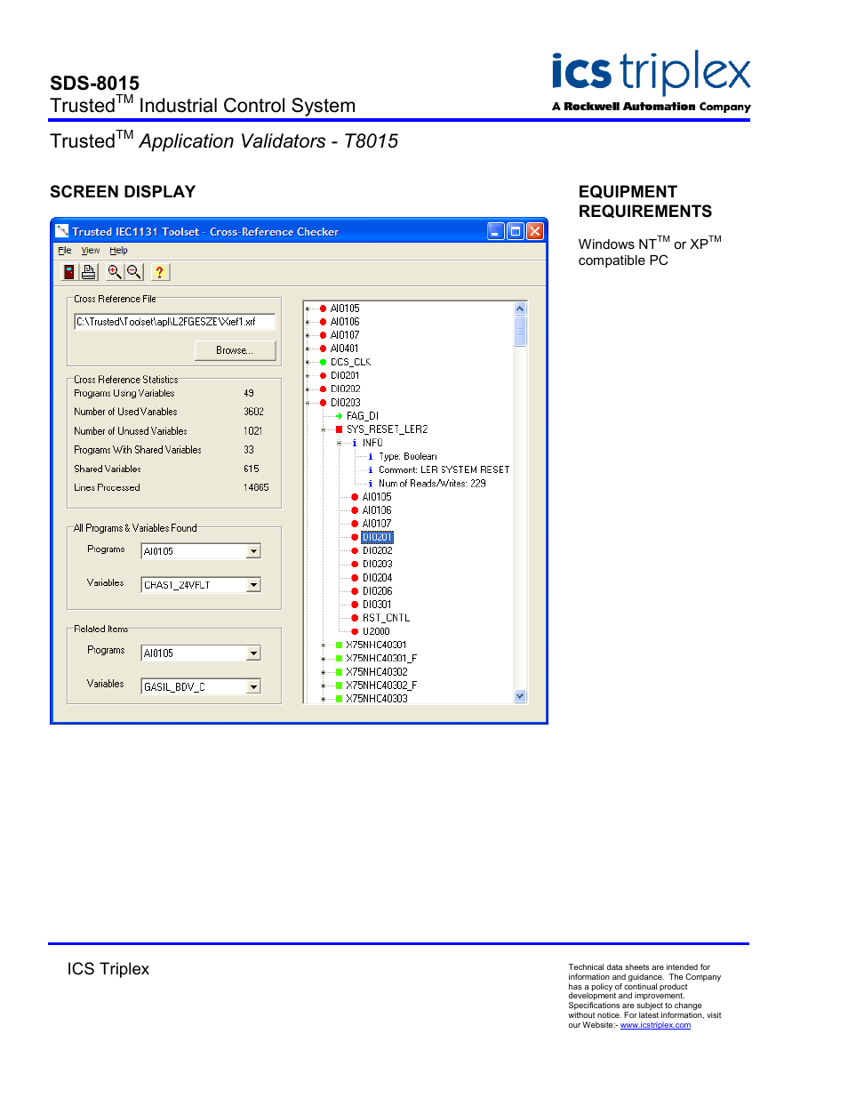 Screen display, Sds-8015 trusted, Industrial control system trusted | Application validators - t8015 | Rockwell Automation T8015 Trusted Application Validators User Manual | Page 2 / 2