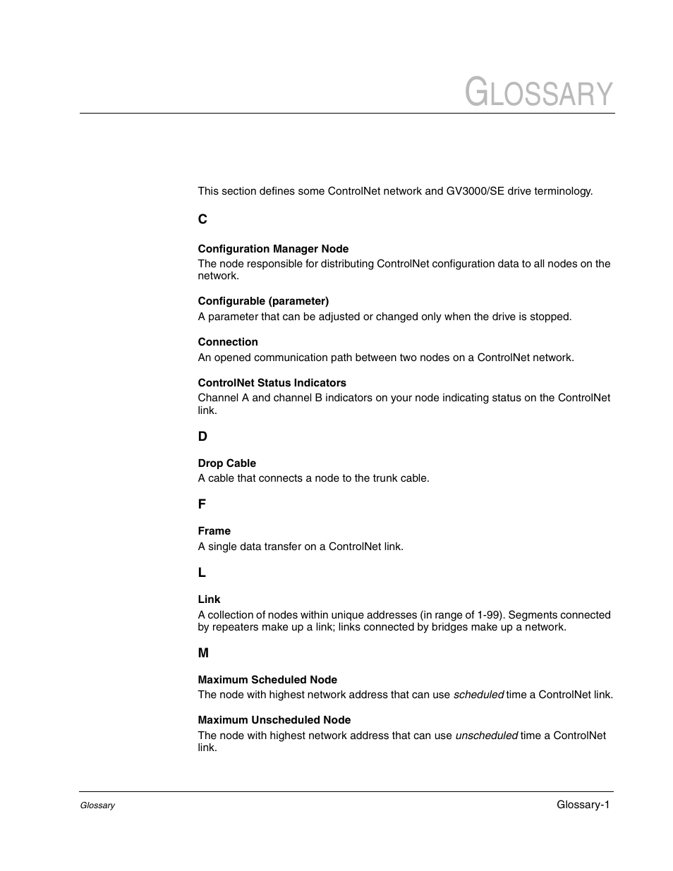 Glossary, Lossary | Rockwell Automation GV3000/SE AC Drive ControlNet Network Communication Board, M/N 2CN3000 User Manual | Page 101 / 108