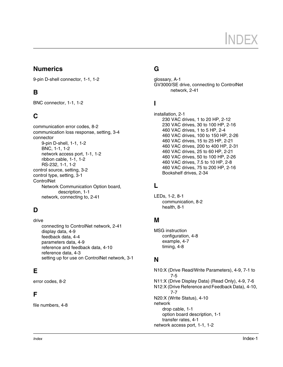 Numerics, Ndex | Rockwell Automation GV3000/SE AC Drive ControlNet Network Communication Board, M/N 2CN3000 User Manual | Page 105 / 108